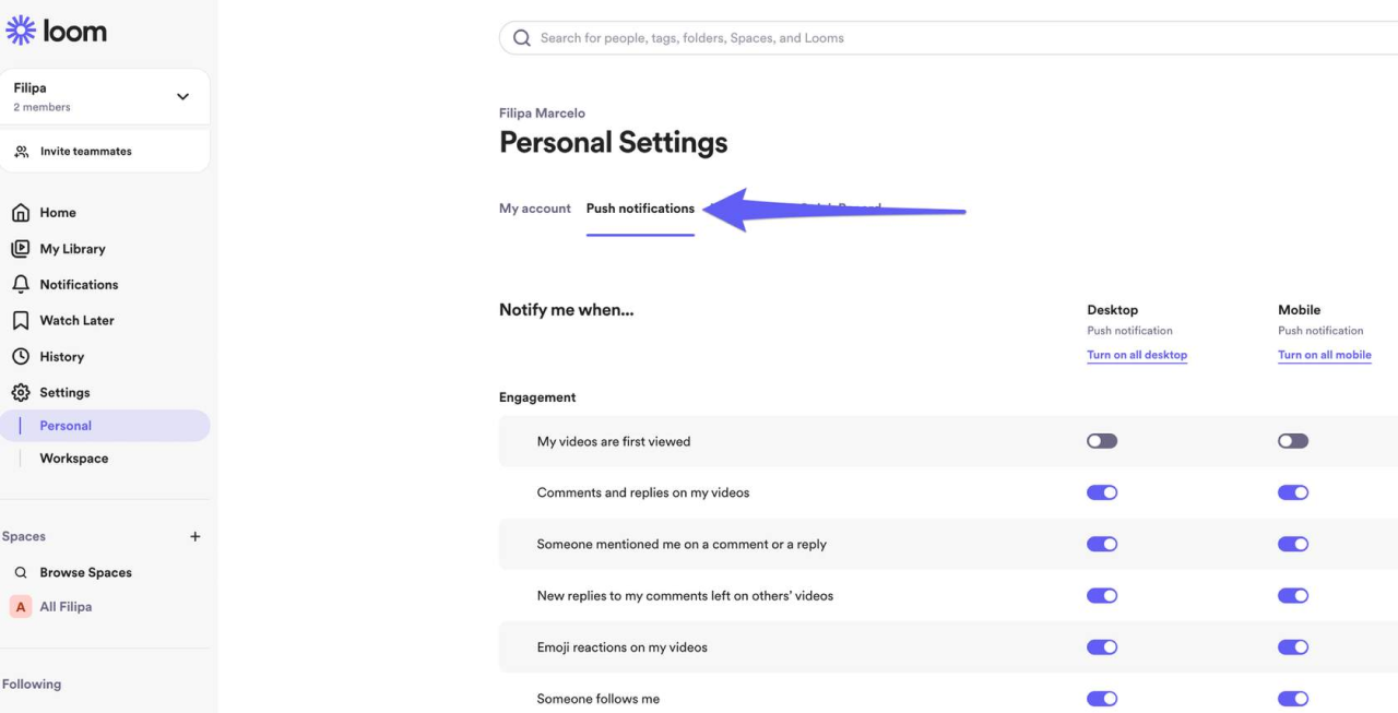 The Loom desktop within the Personal Settings tab on the left navigation panel. The subtab Push Notifications is open showing a list of settings for desktop and mobile with toggle switches to turn on or off.