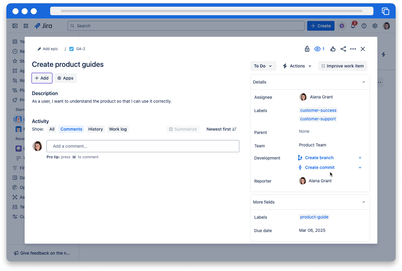 screenshot of a Jira work item titled Create Product guides. The work item has a title, description and status of To Do.