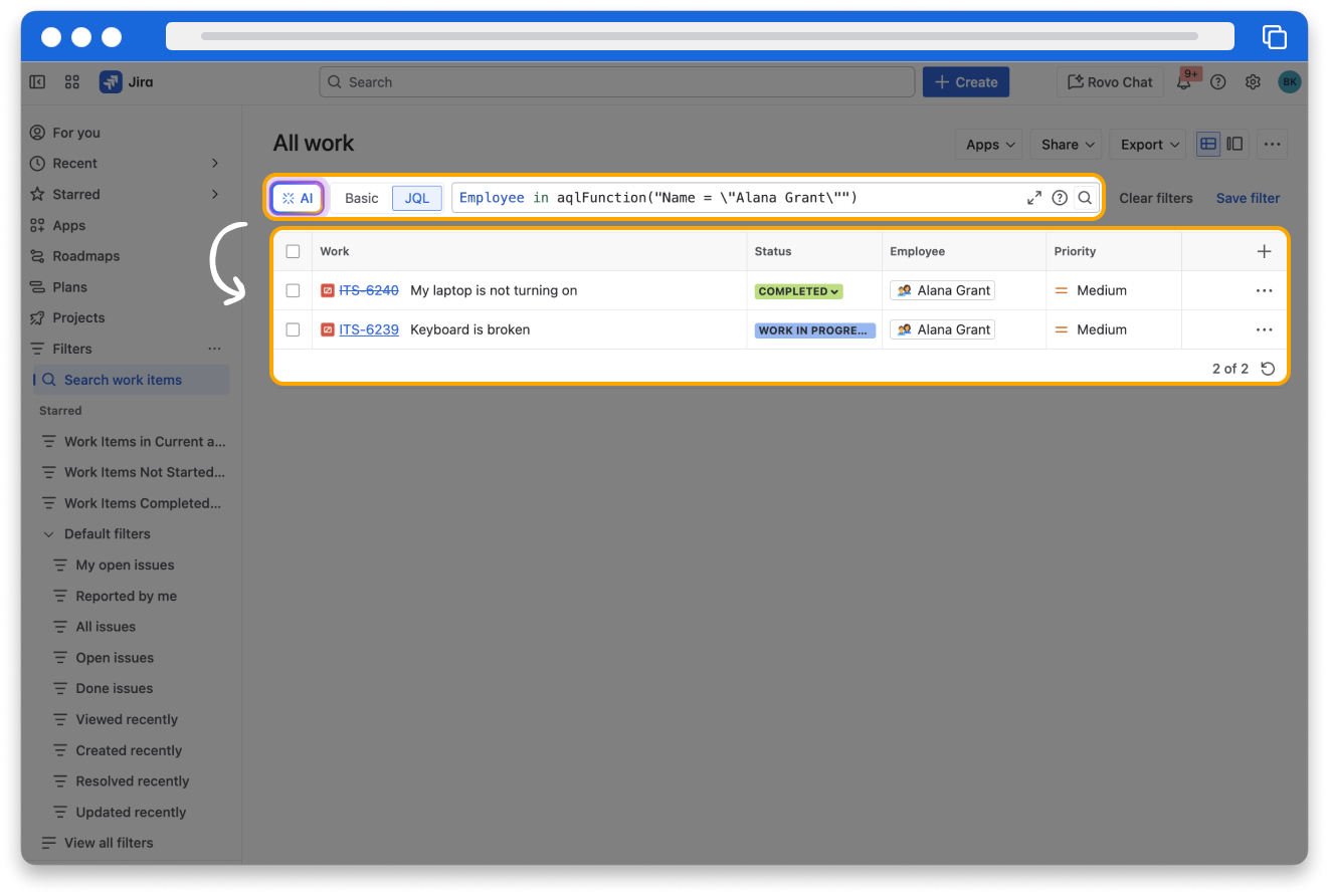 A screenshot of the work item navigator with JQL embedded in AQL to return work items assigned to Alana Grant.