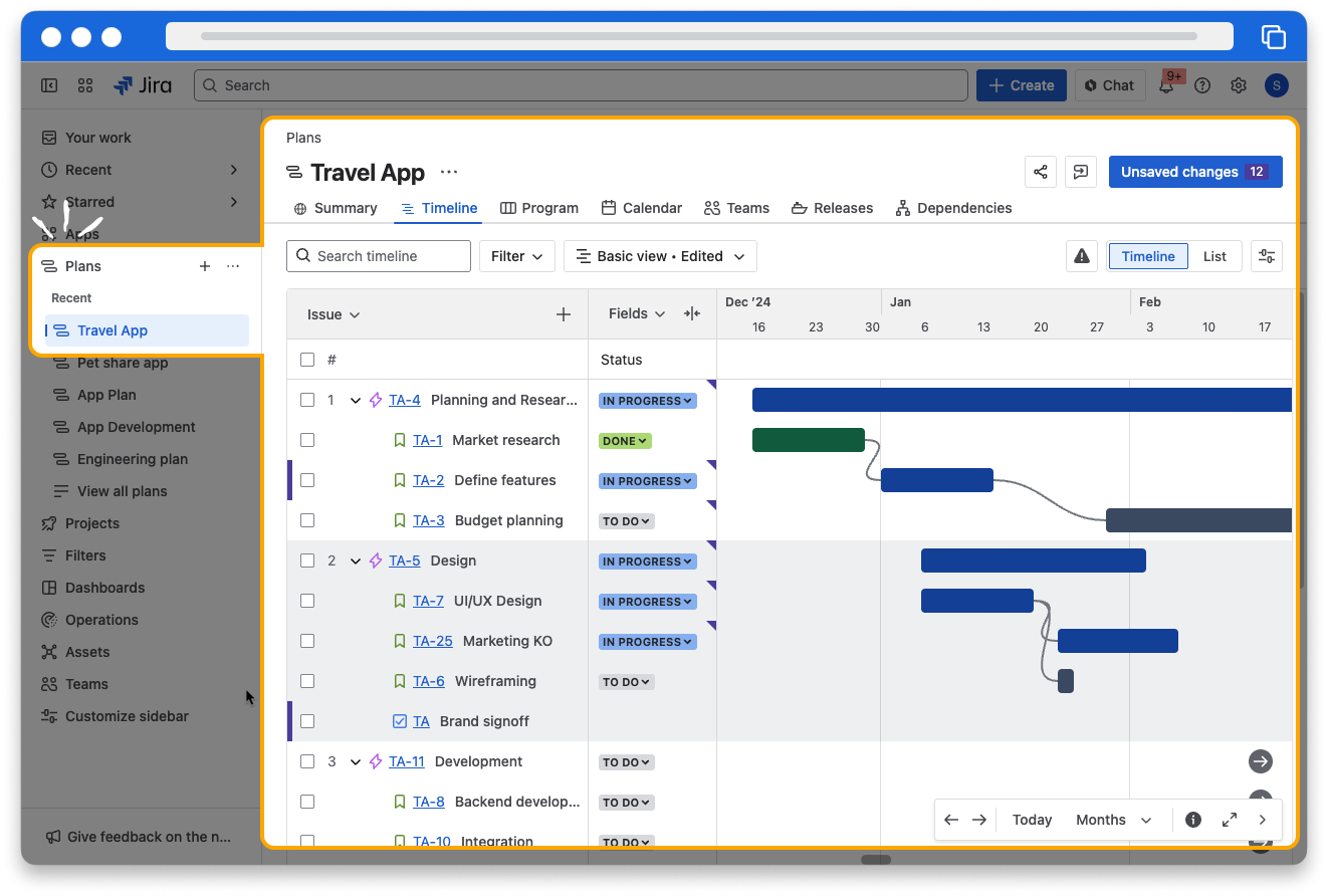 A Jira plan with a list of work items and a timeline showing work items dependencies..