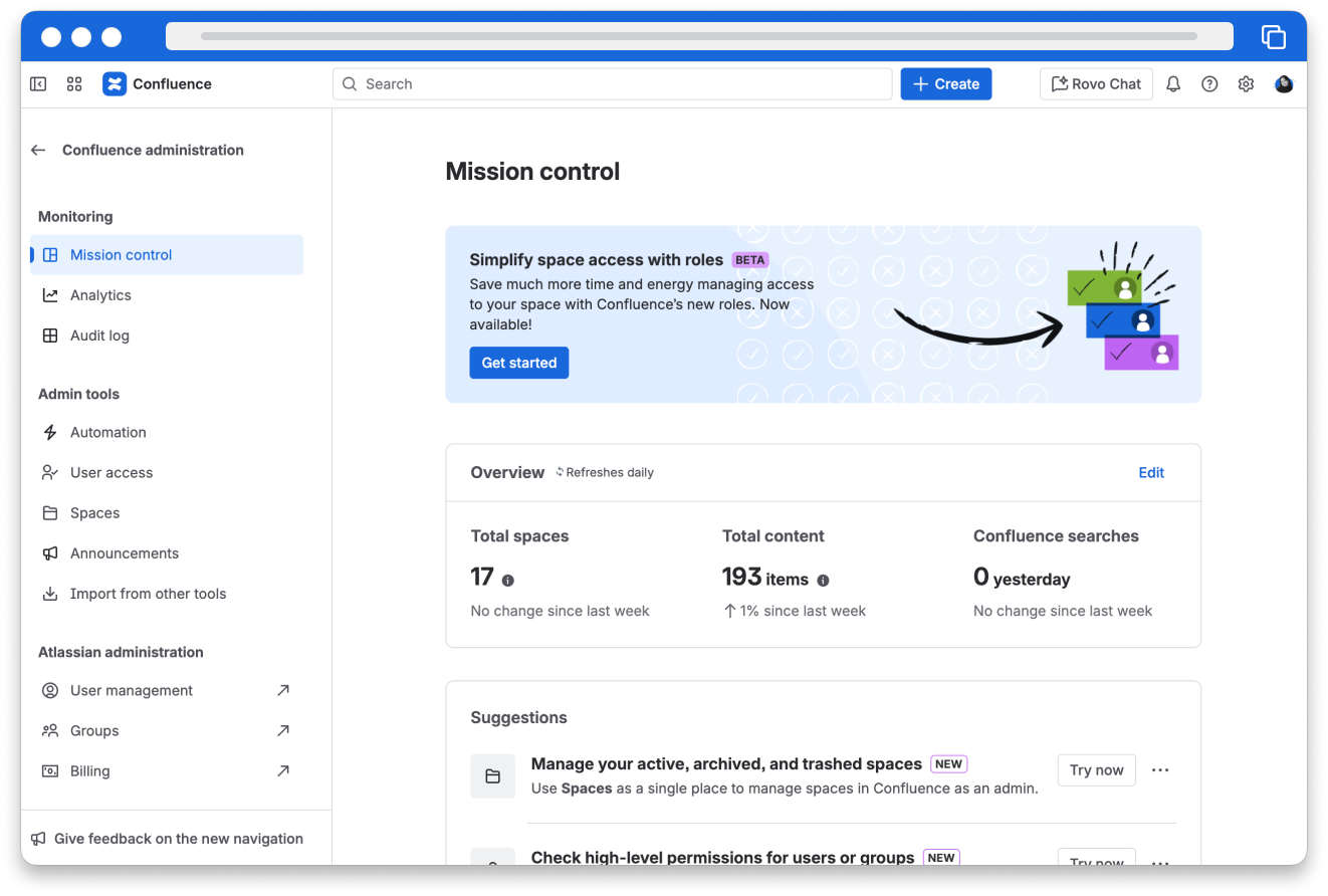 The mission control page of Confluence administration.