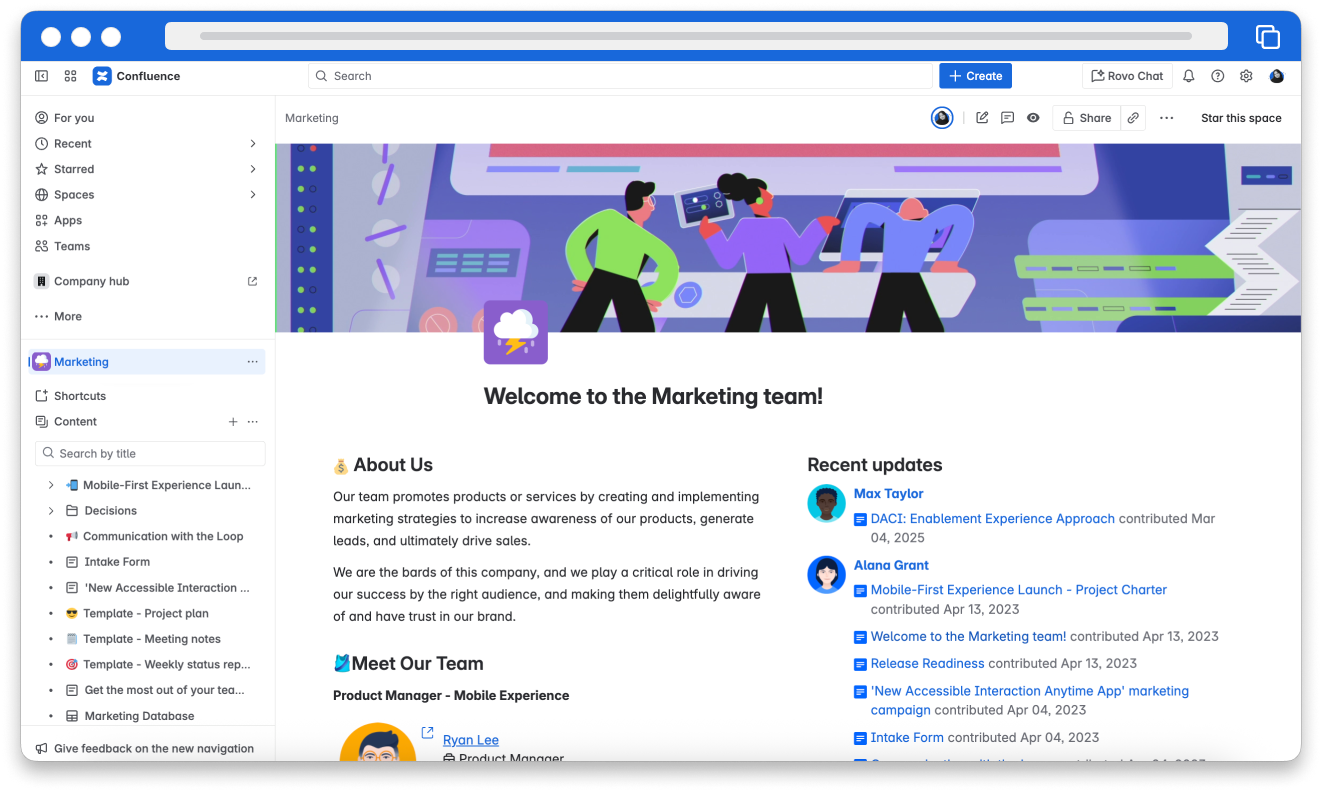 Screenshot of Confluence showing the Marketing Team space with content in the sidebar