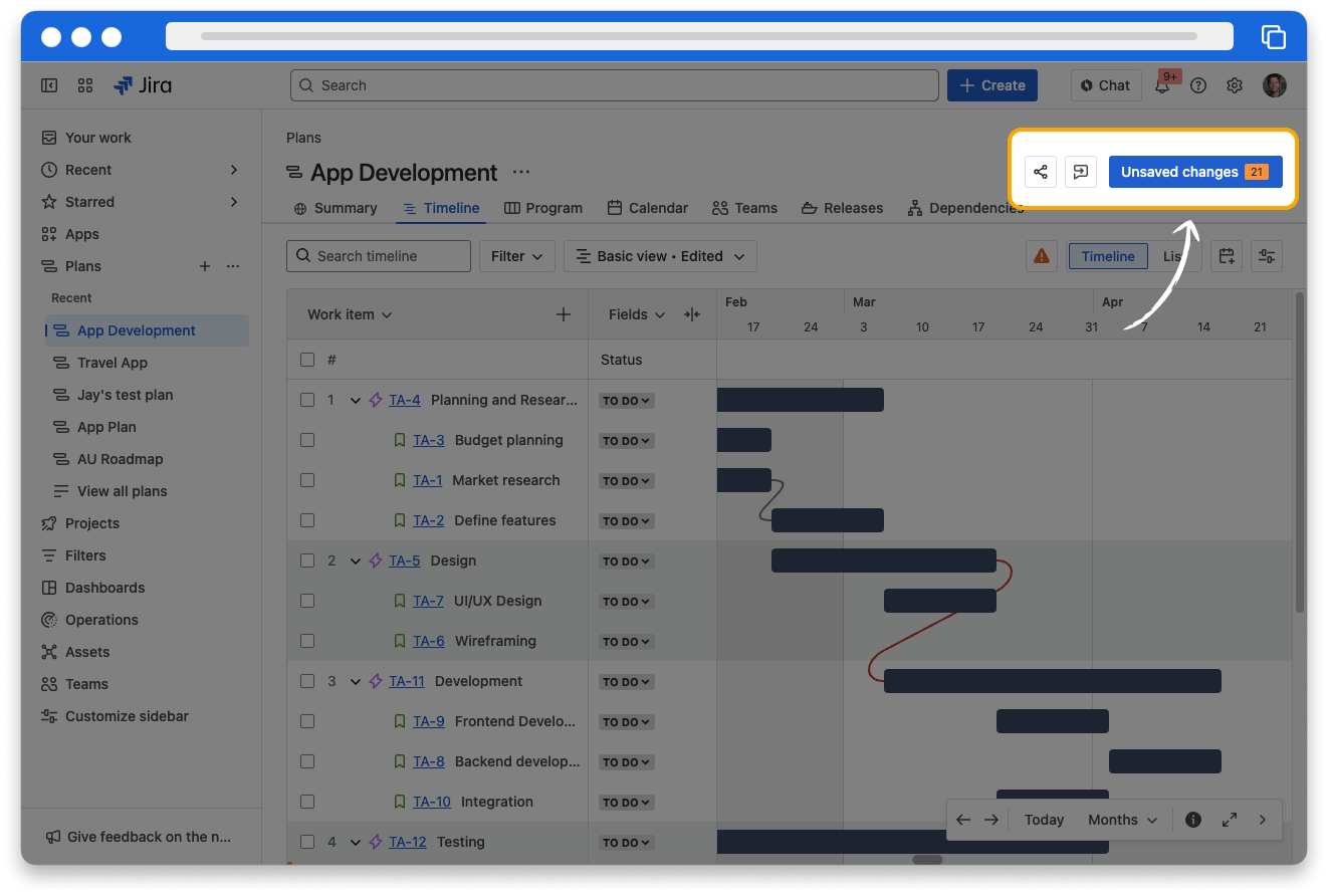 A Jira plan shows scheduled work and highlights the "Unsaved changes" button.