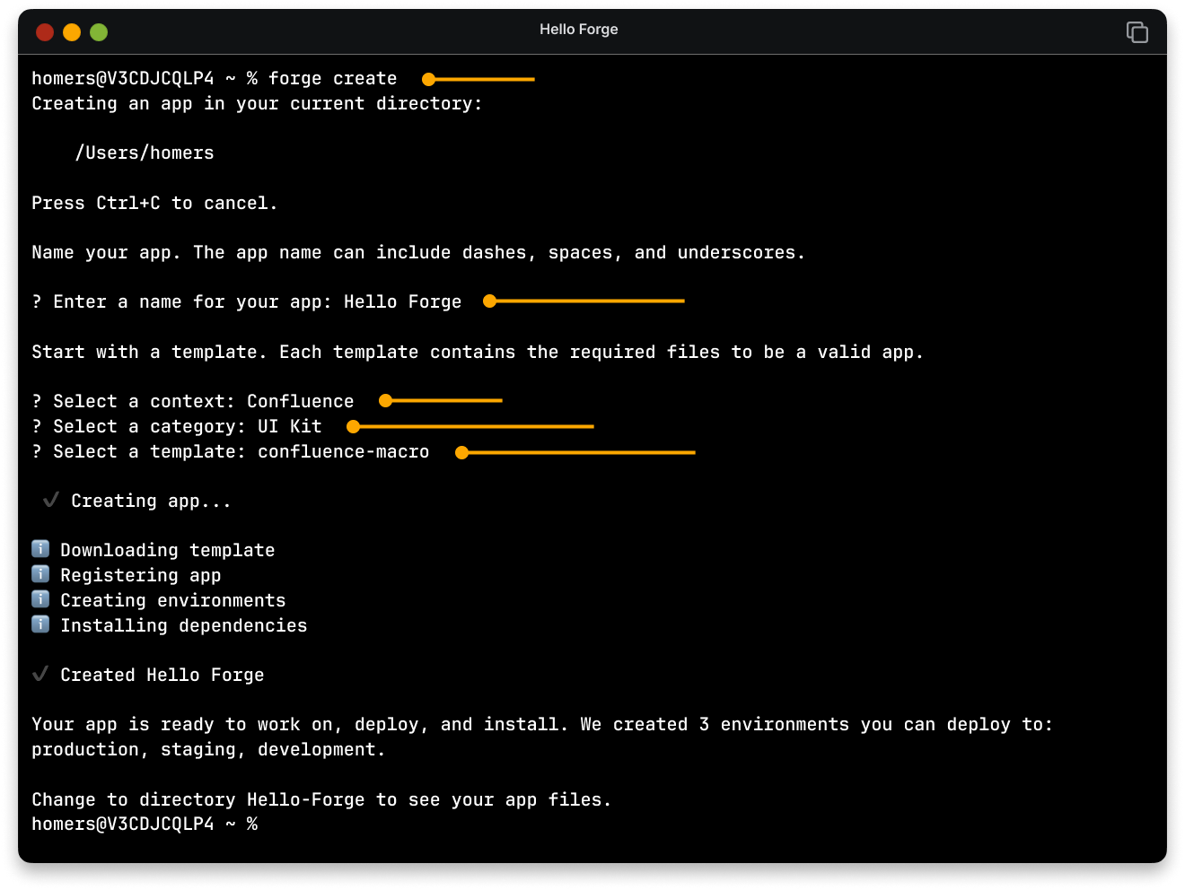 CLI screenshot with indicators next to various steps of the forge create process.