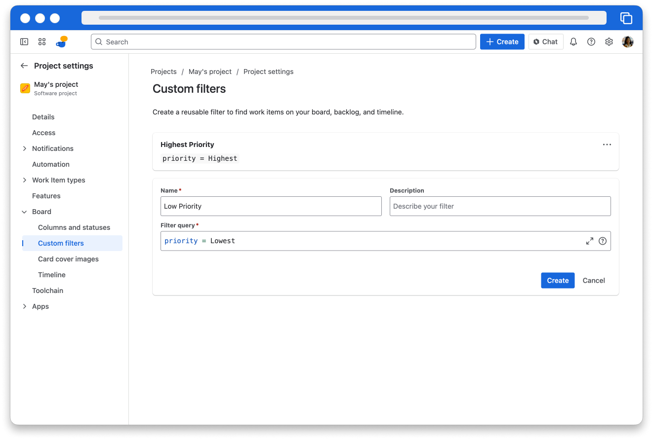 The custom filter creation page in a team managed project with filters created for high and low priority issues