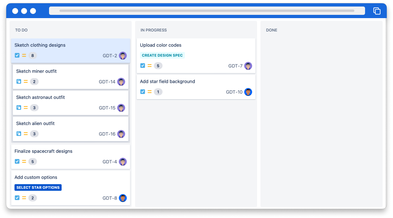 A board in Jira. There are three columns, To Do, In Progress, and Done. There are several issues in the To Do and In Progress columns. Each issue has a gray number in the bottom left corner of the card showing the amount of story points for each issue.