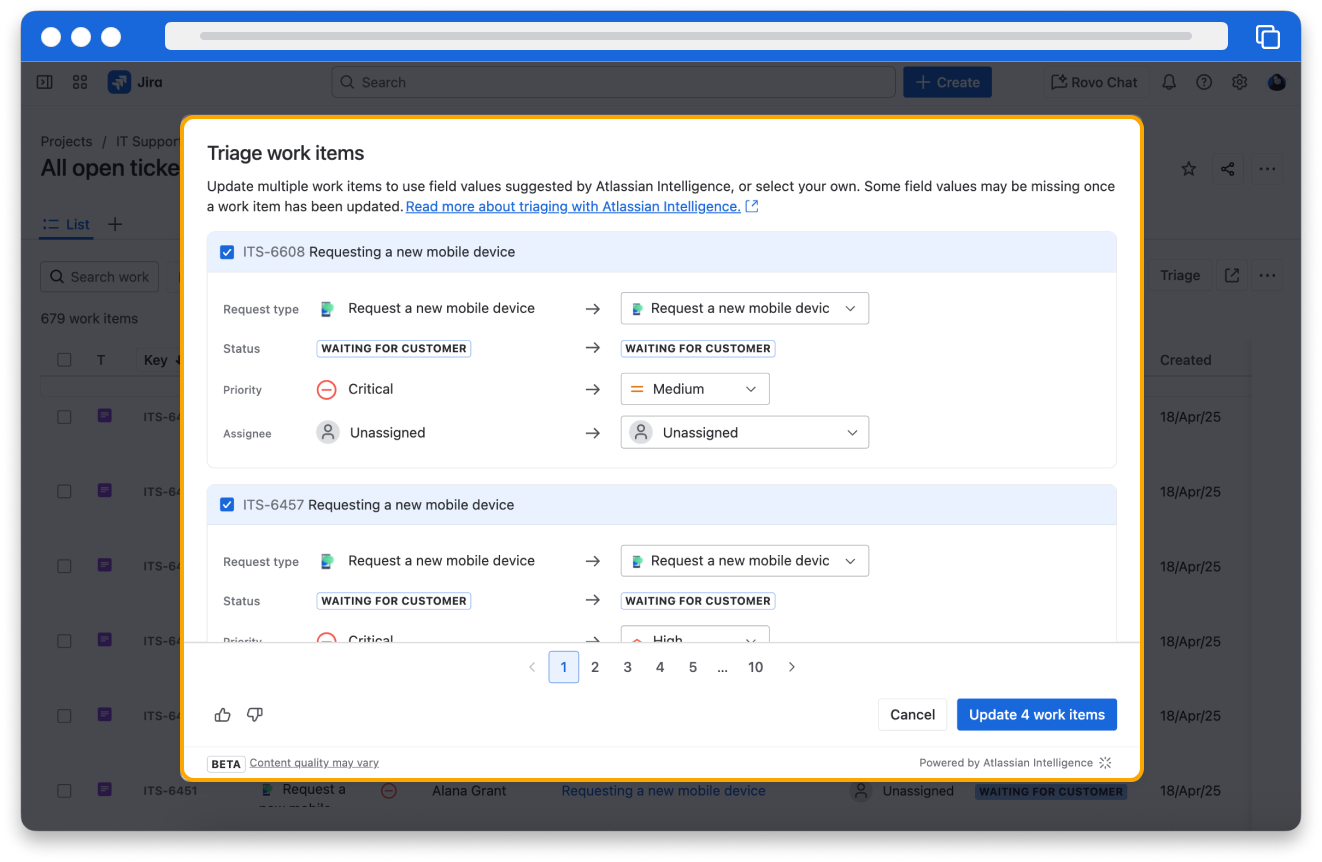 The Triage work items modal in Jira. Four work items are selected for triage to apply to.