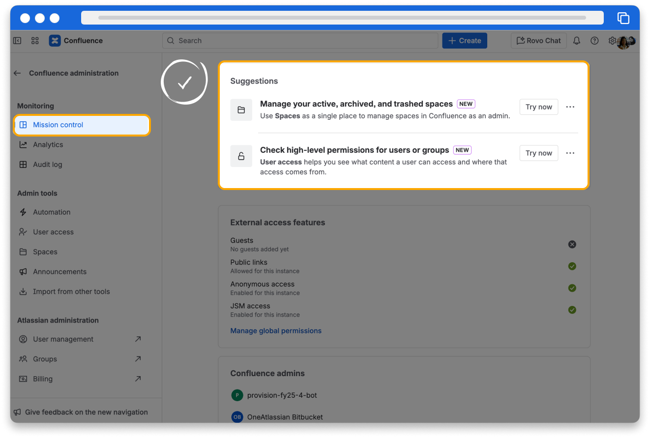 The mission control page of Confluence administration. The suggestions section is highlighted. There are several actions, like Manage your active, archived, and trashed spaces.