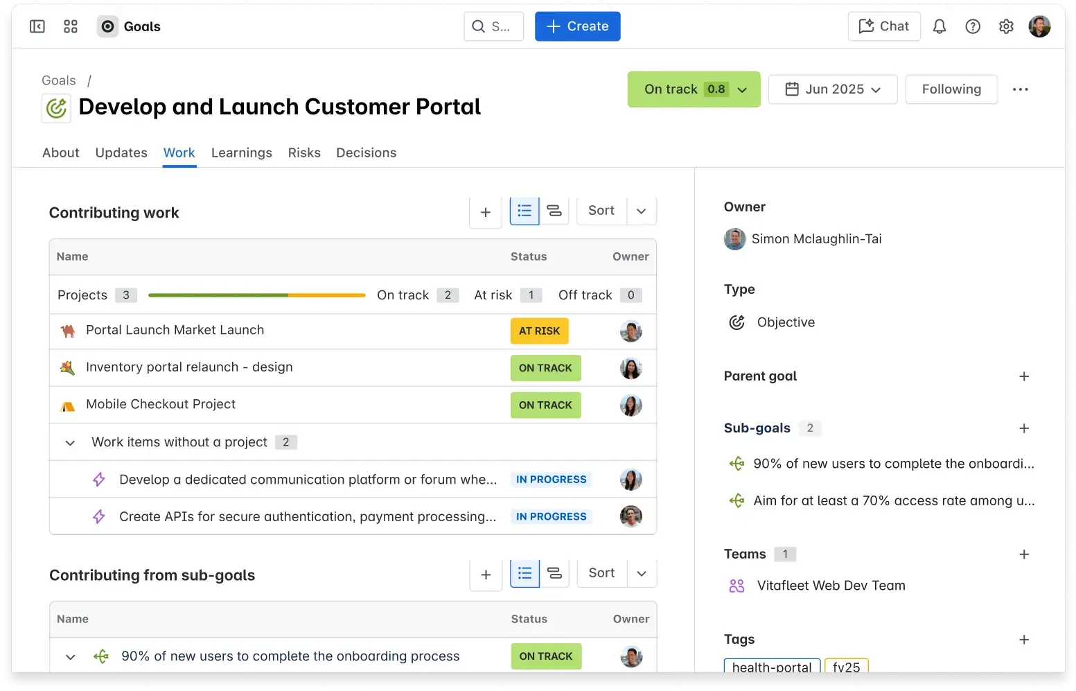 Atlassian Goals card documenting Decisions, Risks, and Learnings