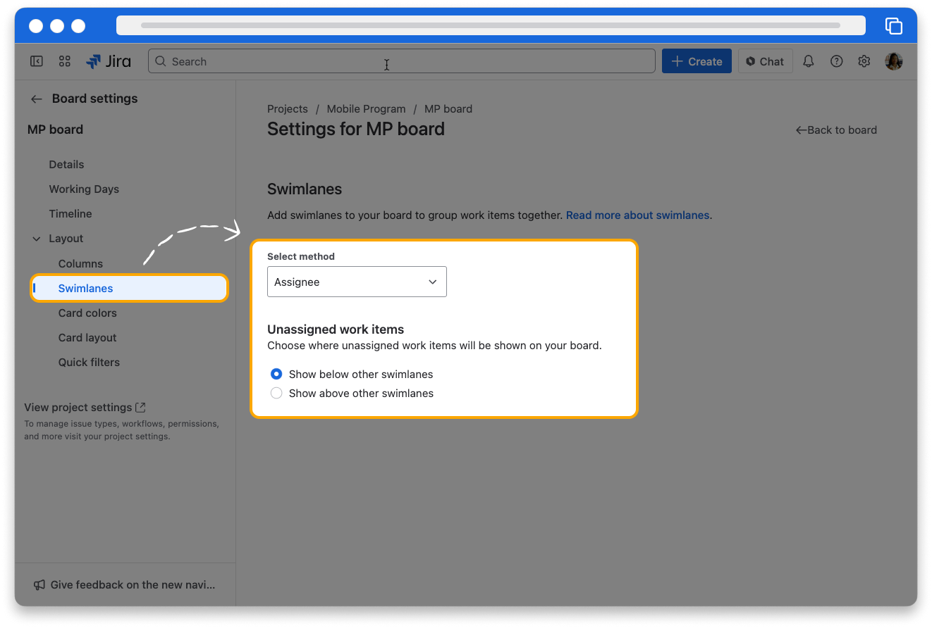 Swimlanes configuration screen in board configuration. The swimlanes tab is highlighted. “Base Swimlanes on” setting is highlighted. “Assignees” is selected from the dropdown menu. “Unassigned issues” is highlighted. Show below other swimlanes is selected