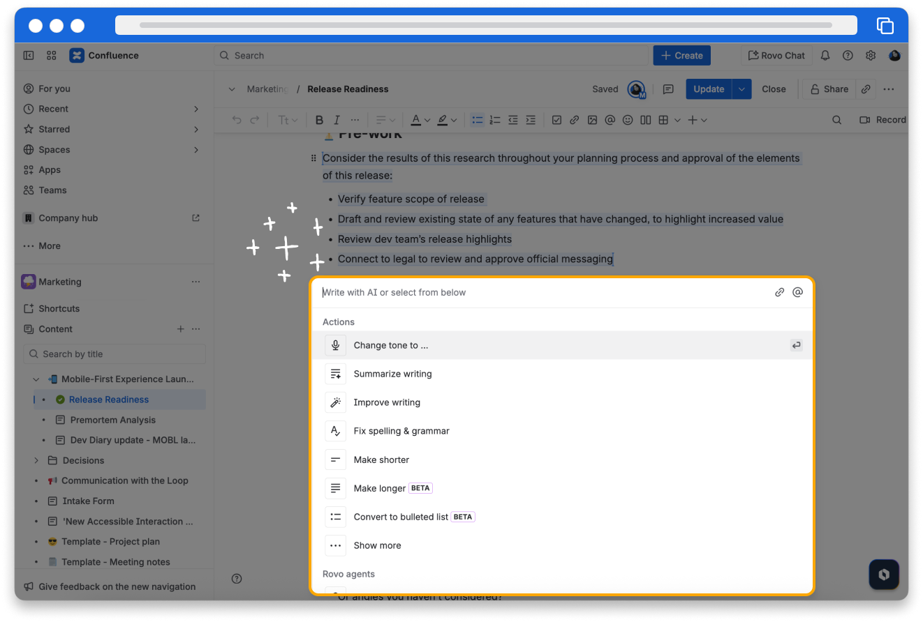 A page in Confluence. The AI Writing assistant has been selected. Several options appear in a menu, including changing the tone and summarizing the writing.