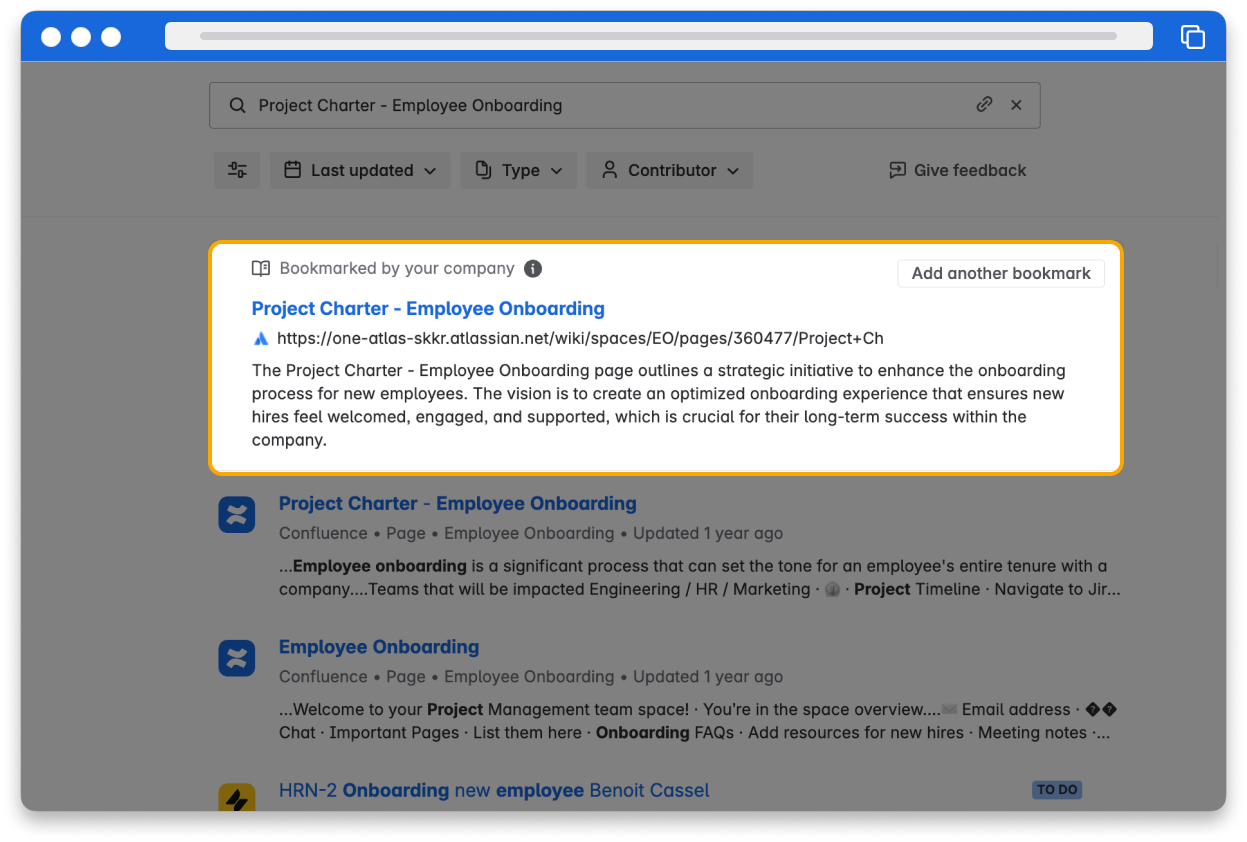 Rovo search results can include bookmarked search results to help find common documentation and resources.