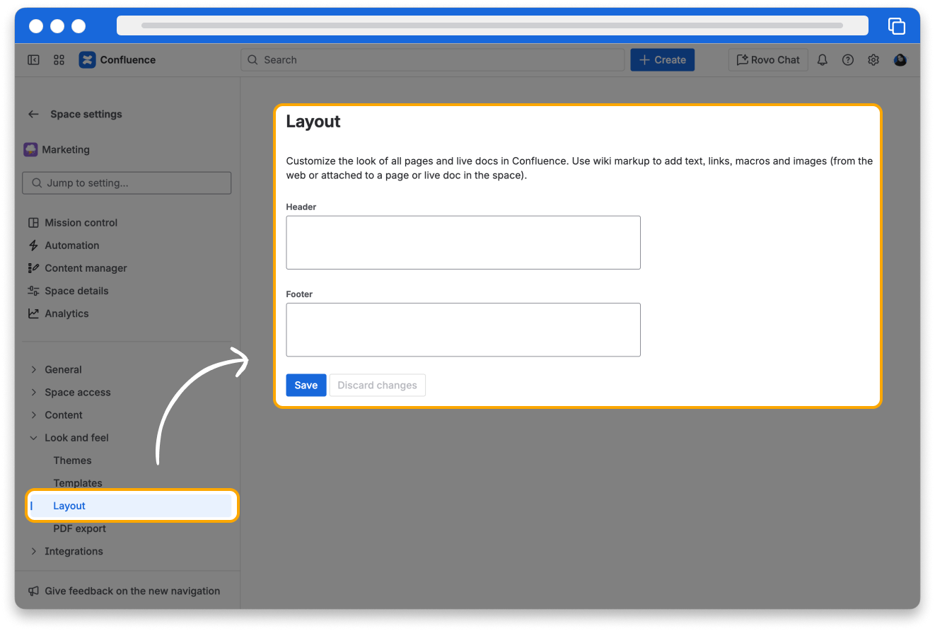 The space settings page in Confluence. Layout is selected in the sidebar. There are fields for header and footer. 