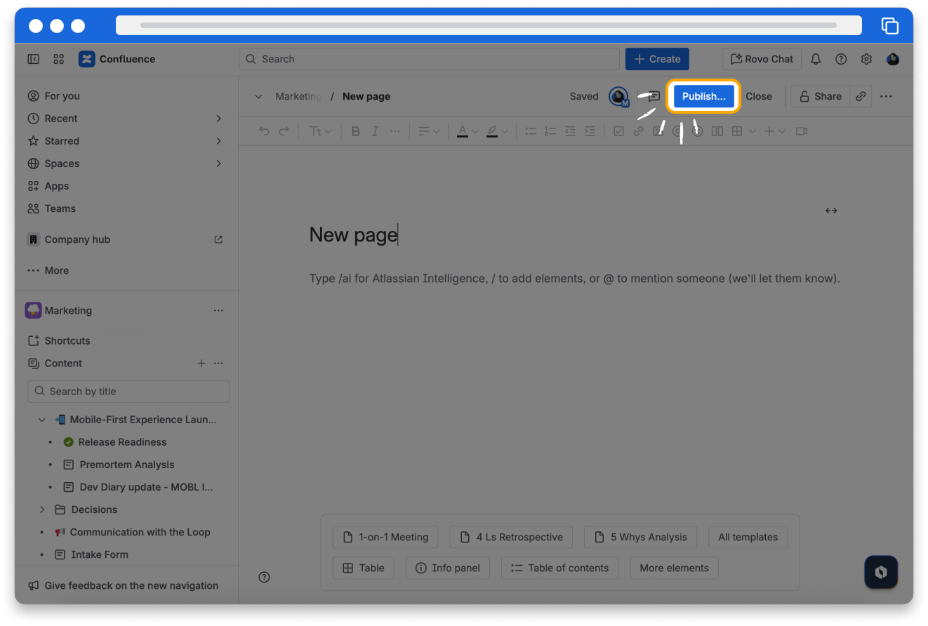 A screenshot of a new page created in Confluence, with the Publish button highlighted