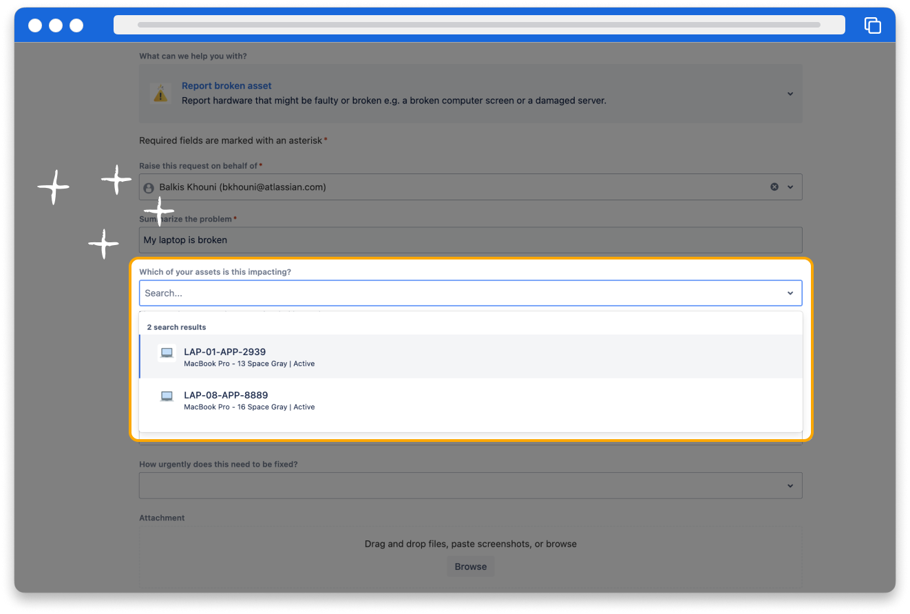 From the service portal you can select the broken asset when submitting a ticket. When a value is selected in the field, it populates with the Laptop asset.