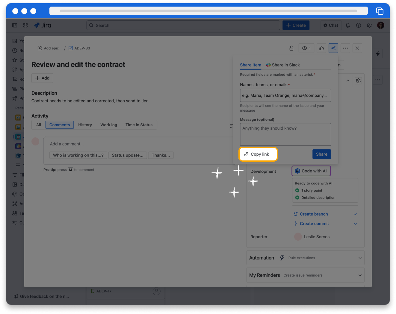 The issue detail view in Jira. The Share button has been selected, and the Share issue pop-up is visible, and the Copy link button is highlighted.