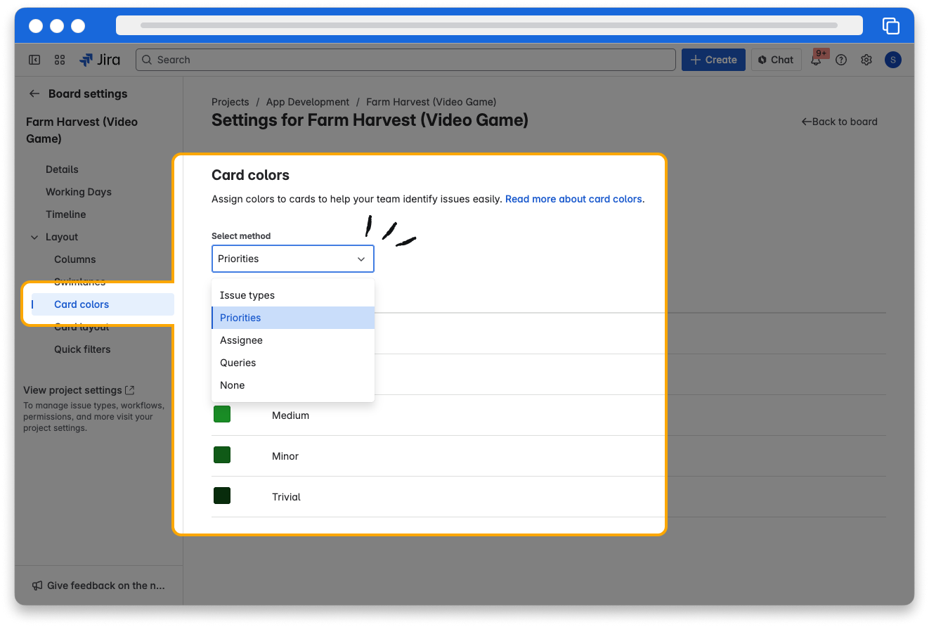 The card colors section of board settings. Card colors tab is highlighted. the Colors based on dropdown has Priorities selected. Below, priority levels Highest, High, Medium, Low, and Lowest. Next to each priority is a color picker with a different color.