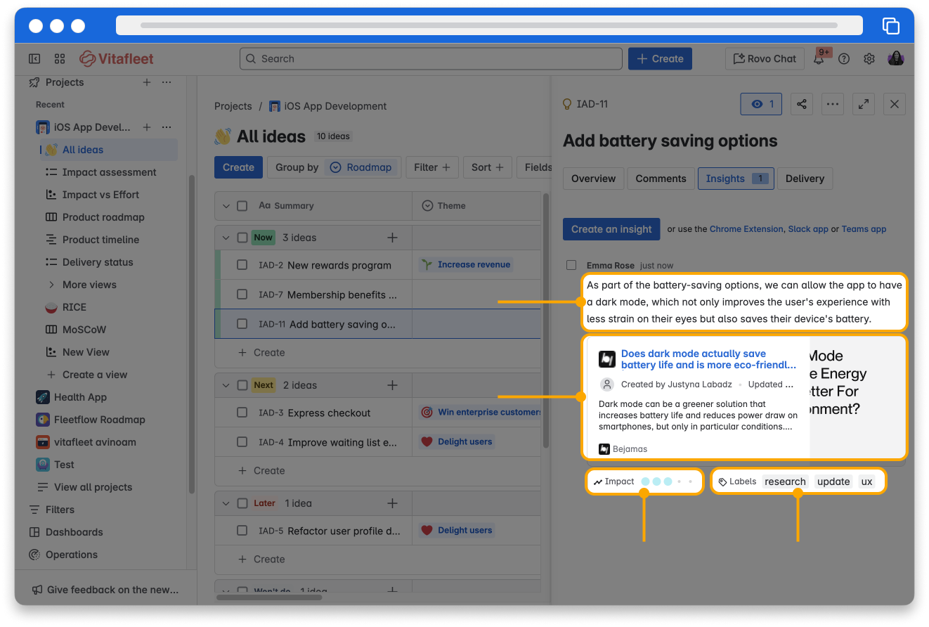 The All ideas view in the iOS App Development project, with the ideas panel on the right of the screen displaying the Insights tab of an idea, 'Add battery saving options'. The description, link with information carried through, impact rating, and labels are all highlighted separately.