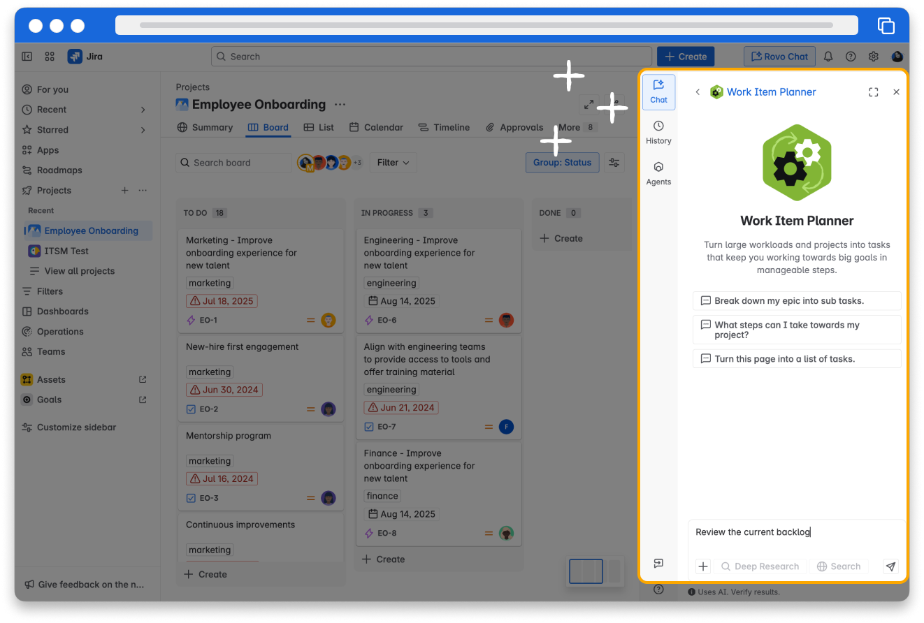 Screenshot of Rovo Chat showing a new conversation with the Jira Release Notes agent