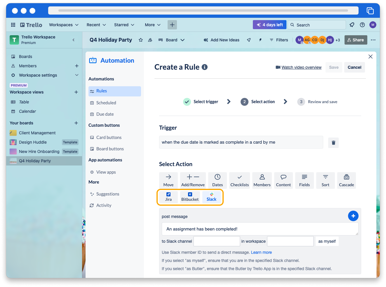 A screenshot of the Create a Rule page in the board Automations. The 3 options for Jira, Bitbucket and Slack actions are highlighted in the Select Action step of creating a new rule.