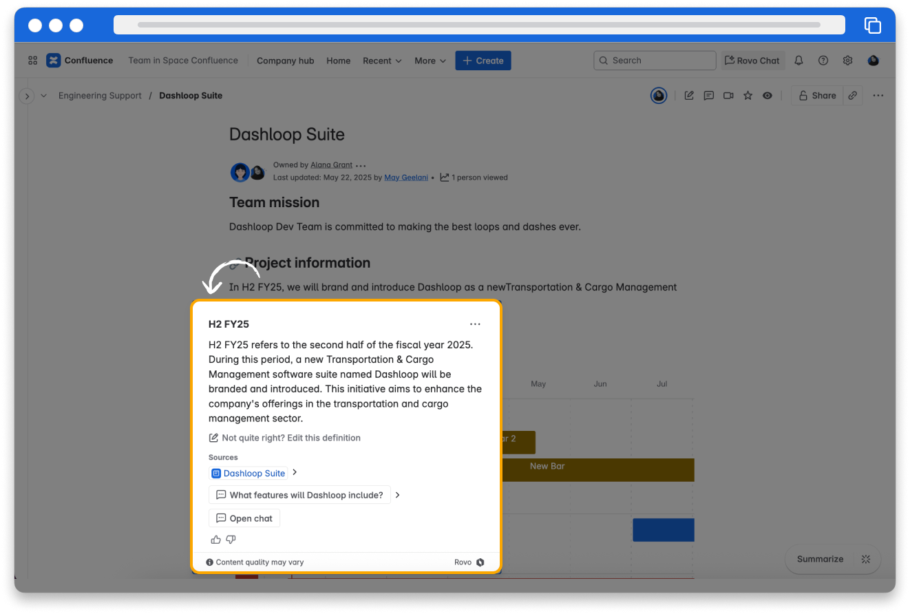 Screenshot of Rovo defining a project name and providing links to additional internal documents