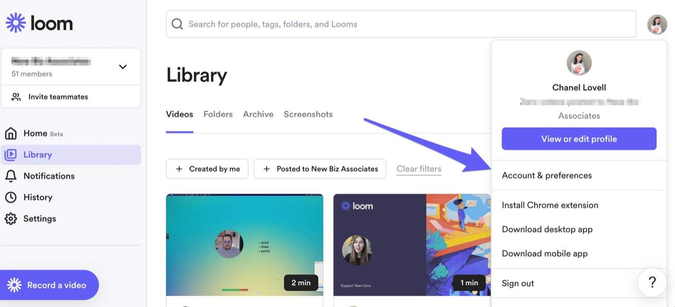 Within Loom user's personal settings, a purple arrow points to Accounts and preferences, to edit personal settings.