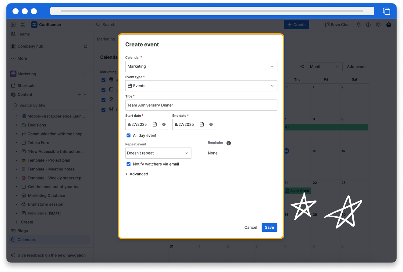 The "Create event" pop up modal in confluence that includes fields Calendar, Event type, Title, Who, Where and start and end dates.