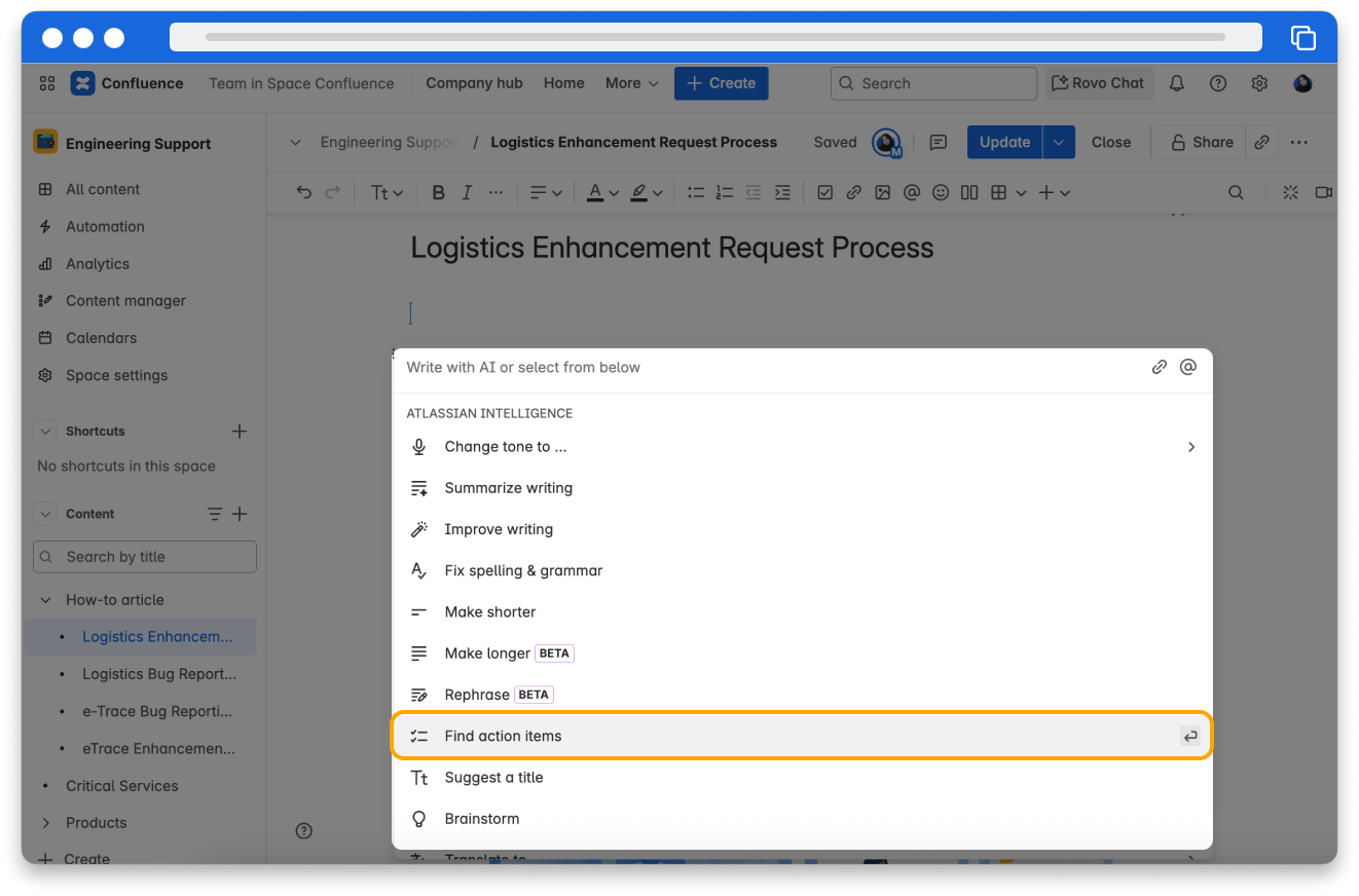 The find action items option selected in the Atlassian Intelligence dropdown while editing a confluence page.