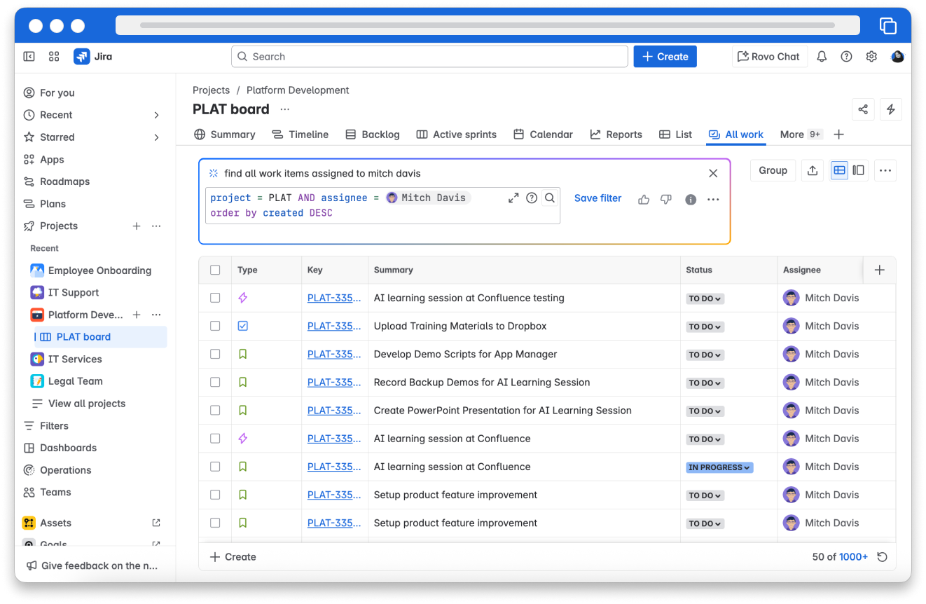The Jira Work items page, showing the prompt Find all work items assigned to Mitch and the JQL query search for all work items assigned to Mitch Davis. The resulting work items show all work items with Mitch Davis as the Assignee.