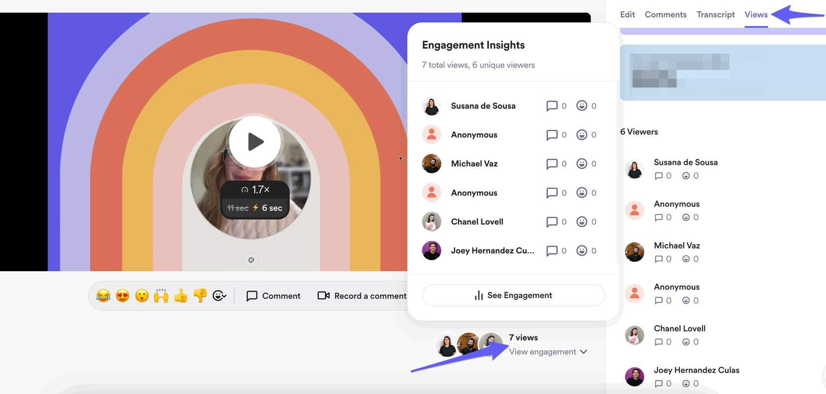 A loom video's engagement insights window is open in the Views tab of a video with an arrow pointing to 7 views, which opens a detailed panel of viewers. There are 7 total views with 6 unique viewers, two of which are displayed as anonymous.