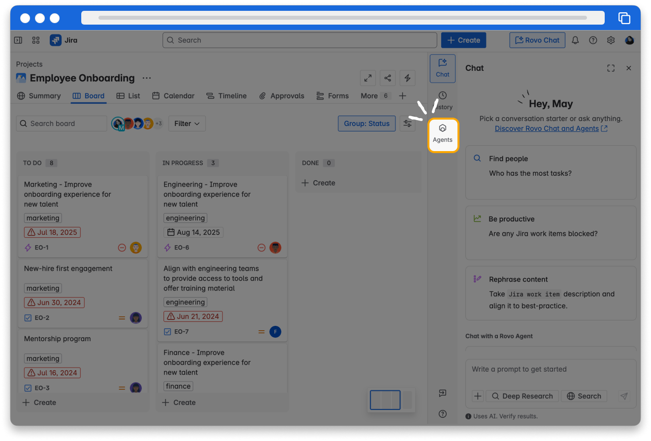Screenshot of Rovo Chat showing the Chat options with Browse agents highlighted.