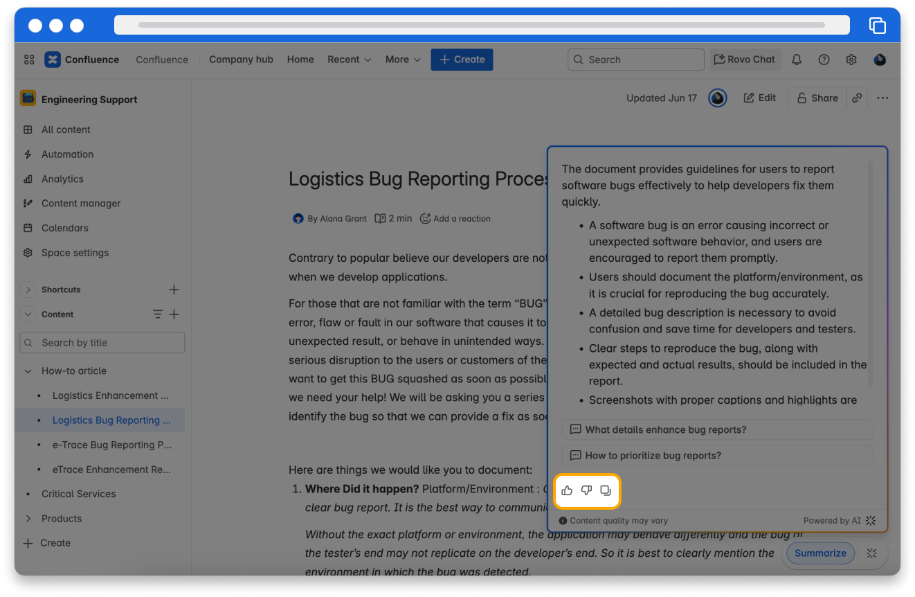 The Atlassian Intelligence summary of the current page. The thumbs up and thumbs down feedback icons are highlighted at the bottom of the menu.