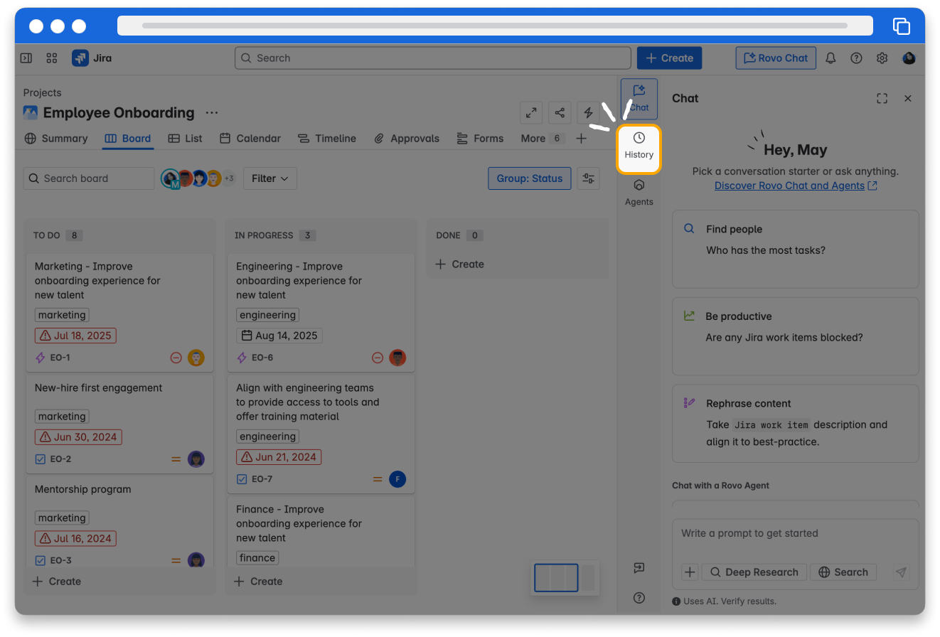 Screenshot of Rovo chat highlighting the Chat history option from the Rovo Chat options menu
