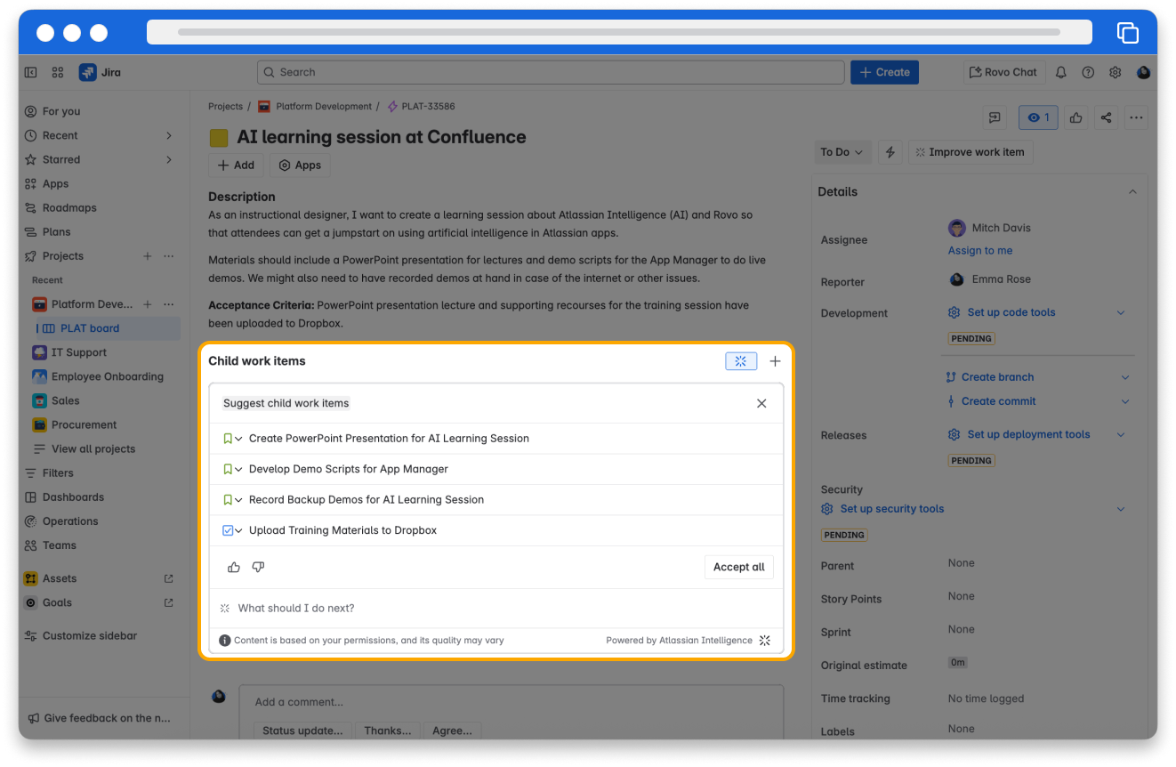 A Jira epic for an AI learning session at a conference. Under Child work item, the AI “Suggest child work items” button is selected and related child work item suggestions are generated in a list.