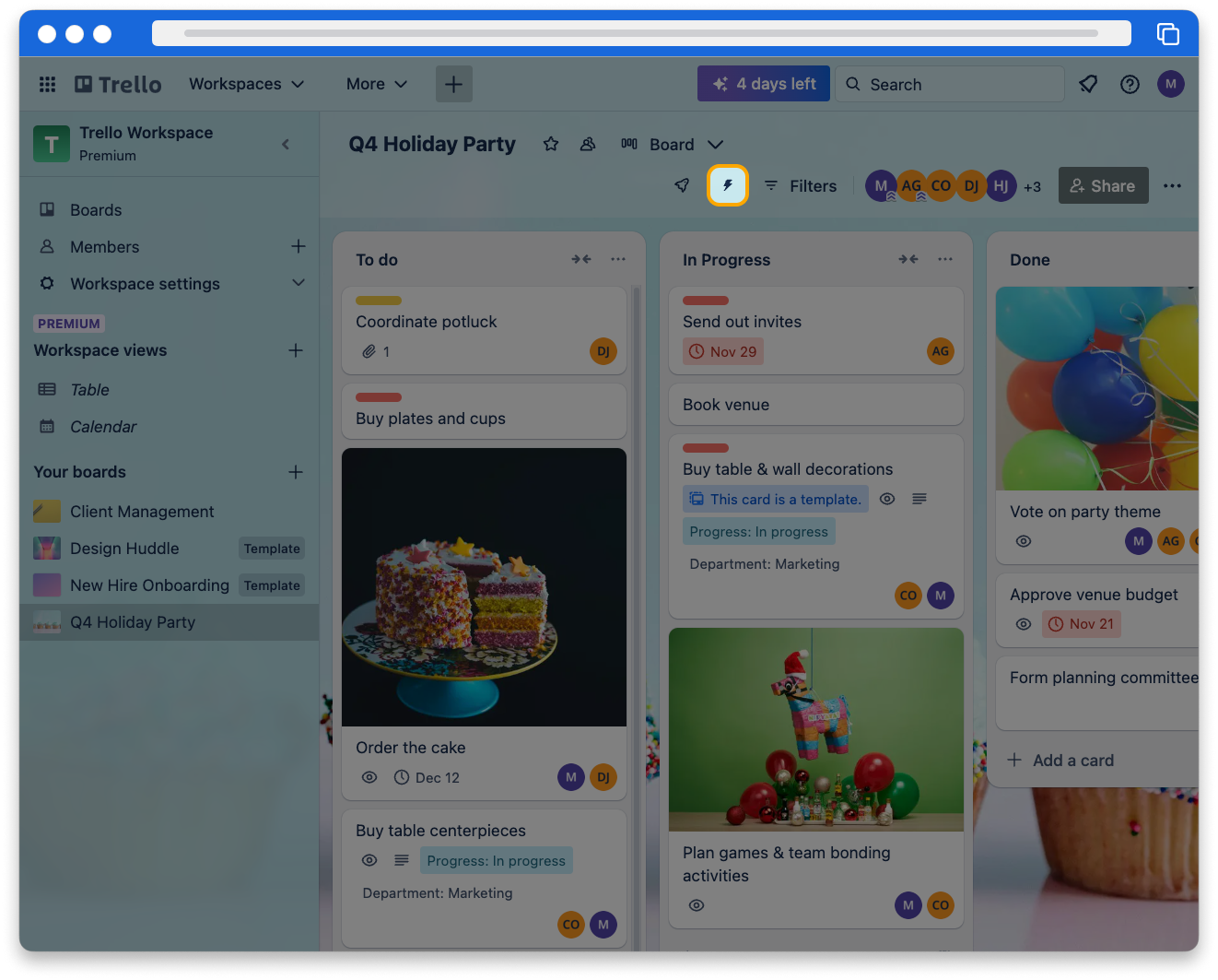 A screenshot of Trello board with Automation icon highlighted at the top of the board