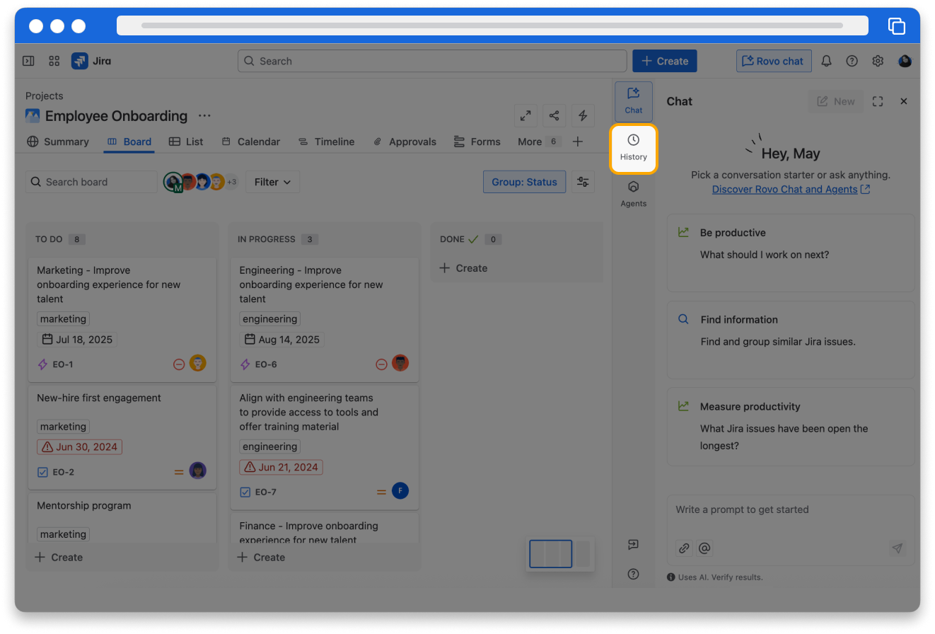 Screenshot of Rovo chat highlighting the Chat history option from the Rovo Chat options menu