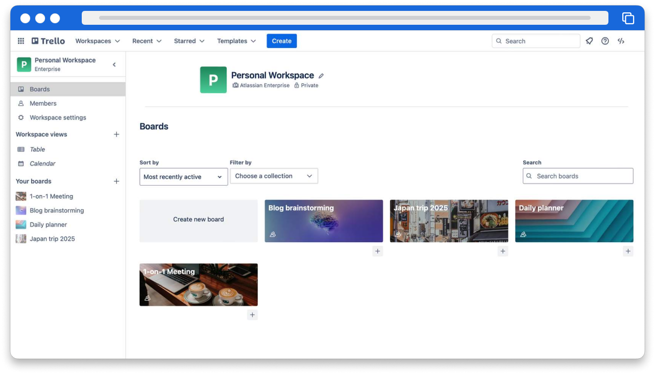 A personal workspace page in Trello. The sidebar shows boards is selected. The personal workspace's boards appear in the main area of the screen.