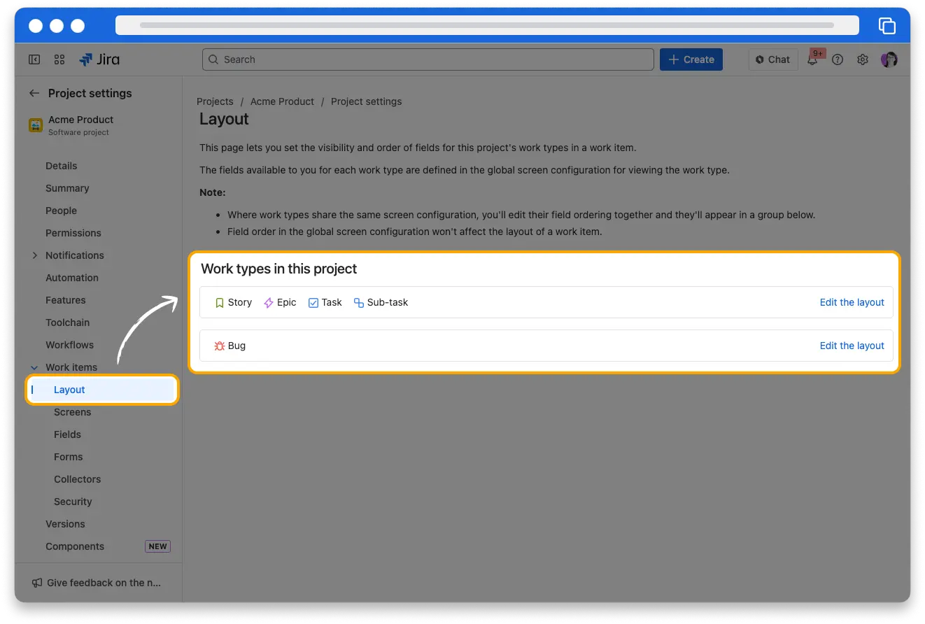 Screenshot of Jira showing the project settings area, with the Layout page open and available layouts highlighted and the Edit issue layout button visible