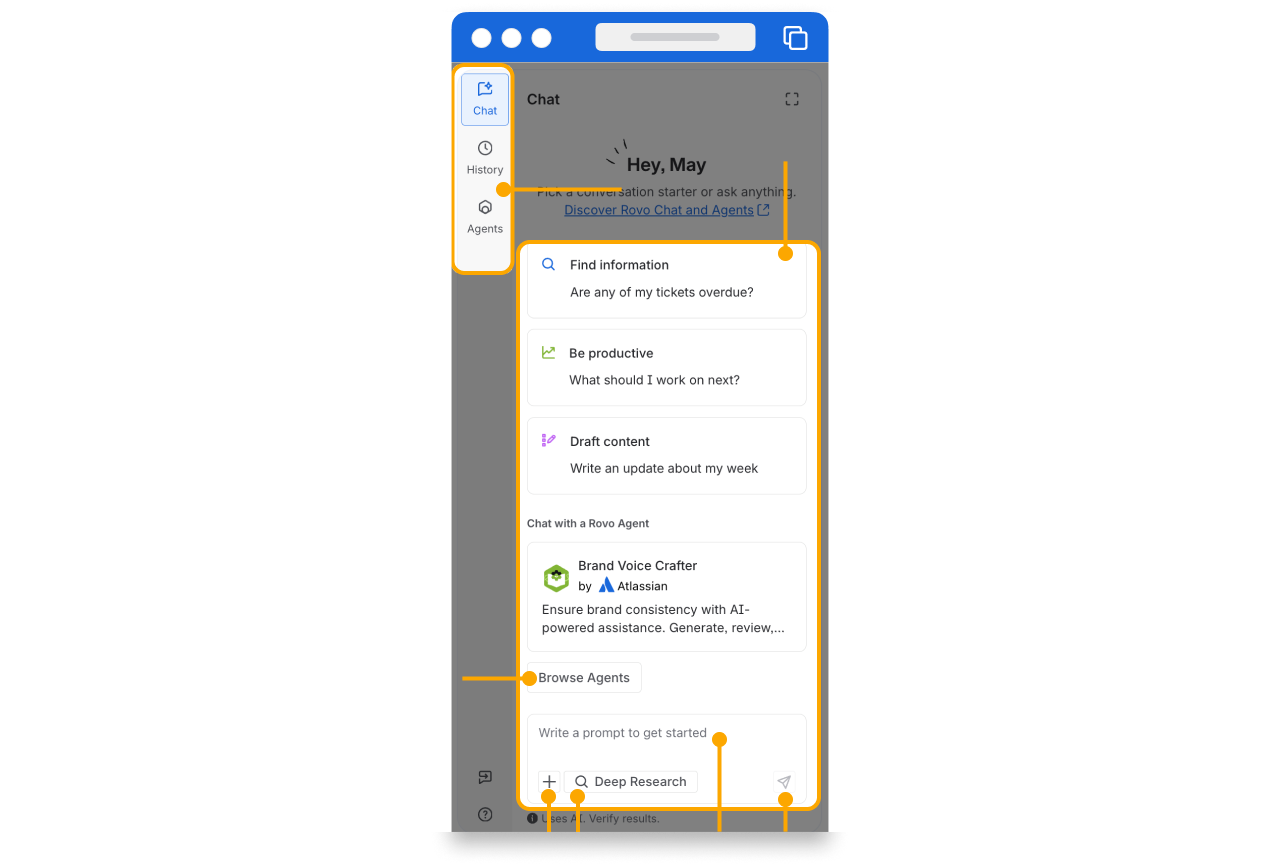 Screenshot of the Rovo Chat panel highlighting several UI components