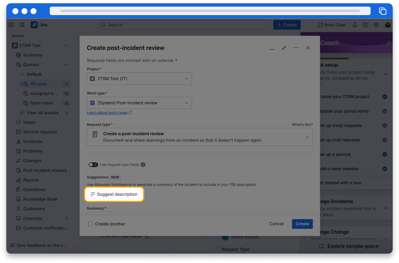 The Create post-incident review window, with the AI option to “suggest description” highlighted.