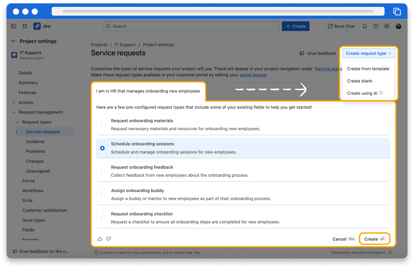 The service requests screen of project settings in Jira Service Management. The Create using AI option is highlighted in the Create request type dropdown menu.