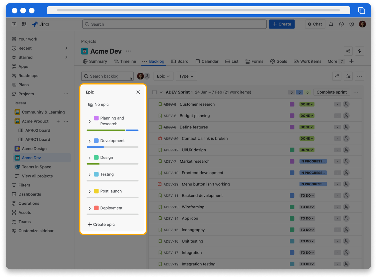 A Jira backlog screenshot with a highlight over the list of Epics.