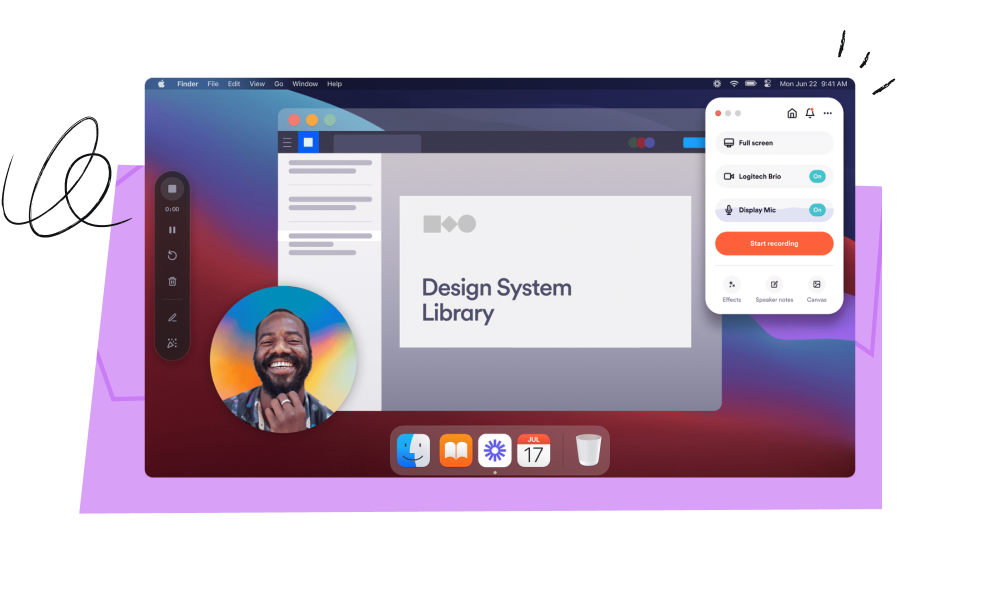 Record your screen, camera, and microphone using the recording controls in the top-right.