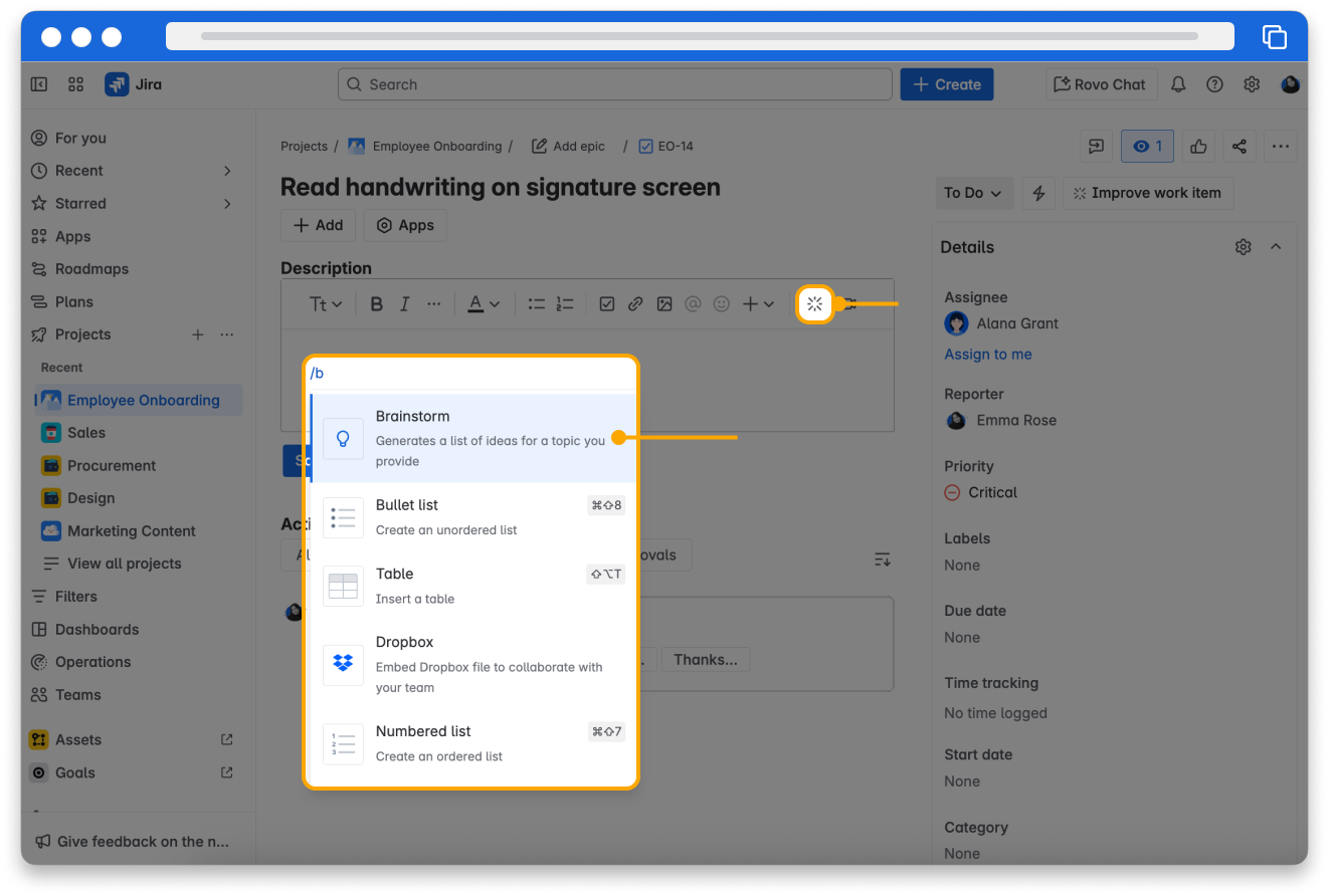 The description field in a Jira work item. The AI icon is highlighted in the editor toolbar and the AI dropdown menu with the option “brainstorm.”