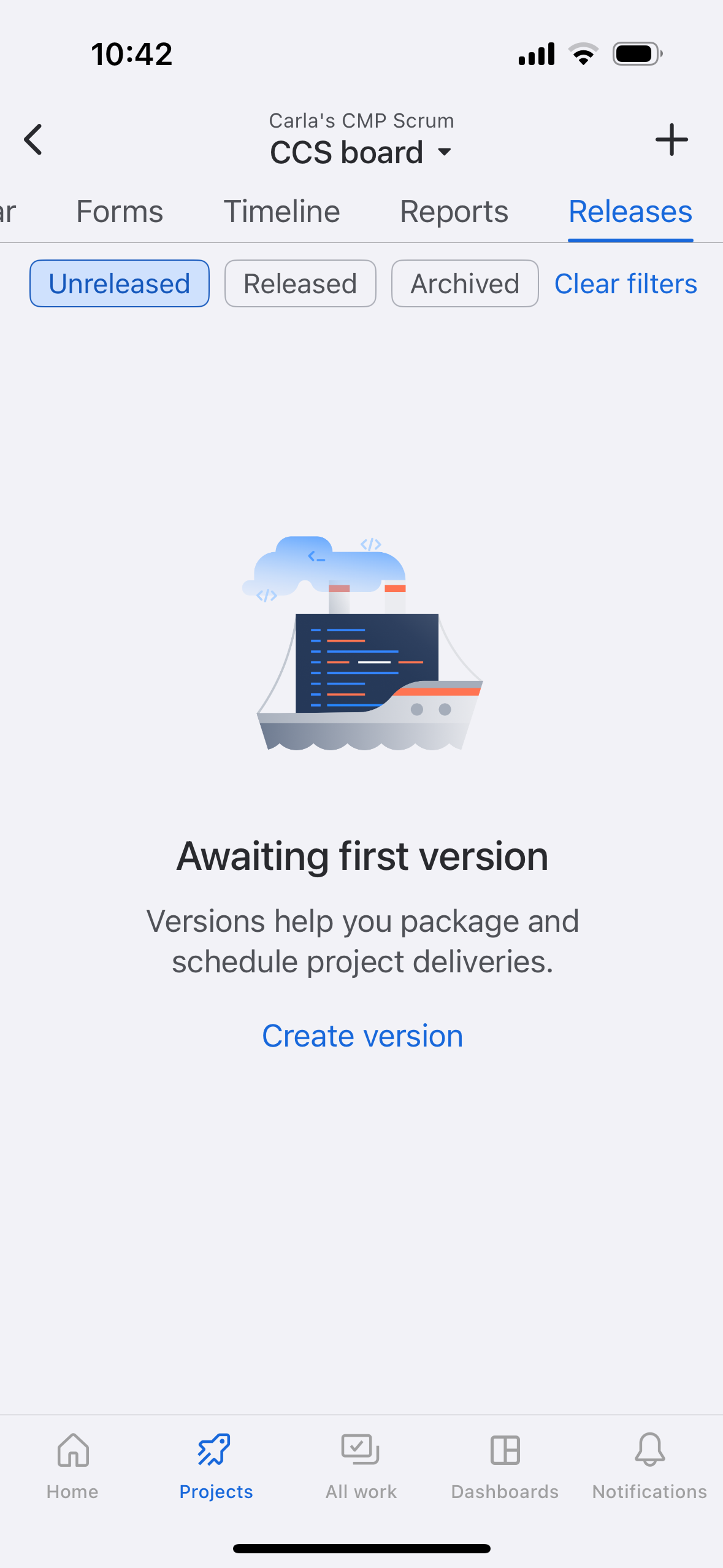 最初のバージョンを待っている [リリース] タブ (iOS での表示例)