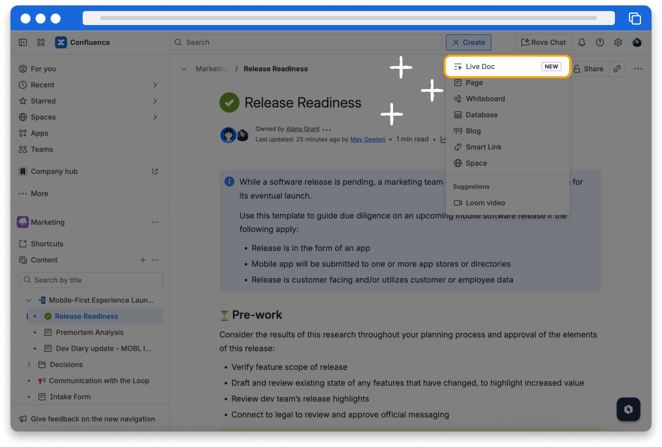 A screenshot of Confluence. The Create dropdown options are displayed with live docs highlighted.