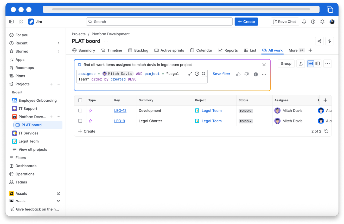 The Jira Work items page. A JQL Query search is created based on the prompt “Find all work items assigned to Mitch in Legal Team project” to show all results in the Legal Team project and assigned to Mitch Davis.