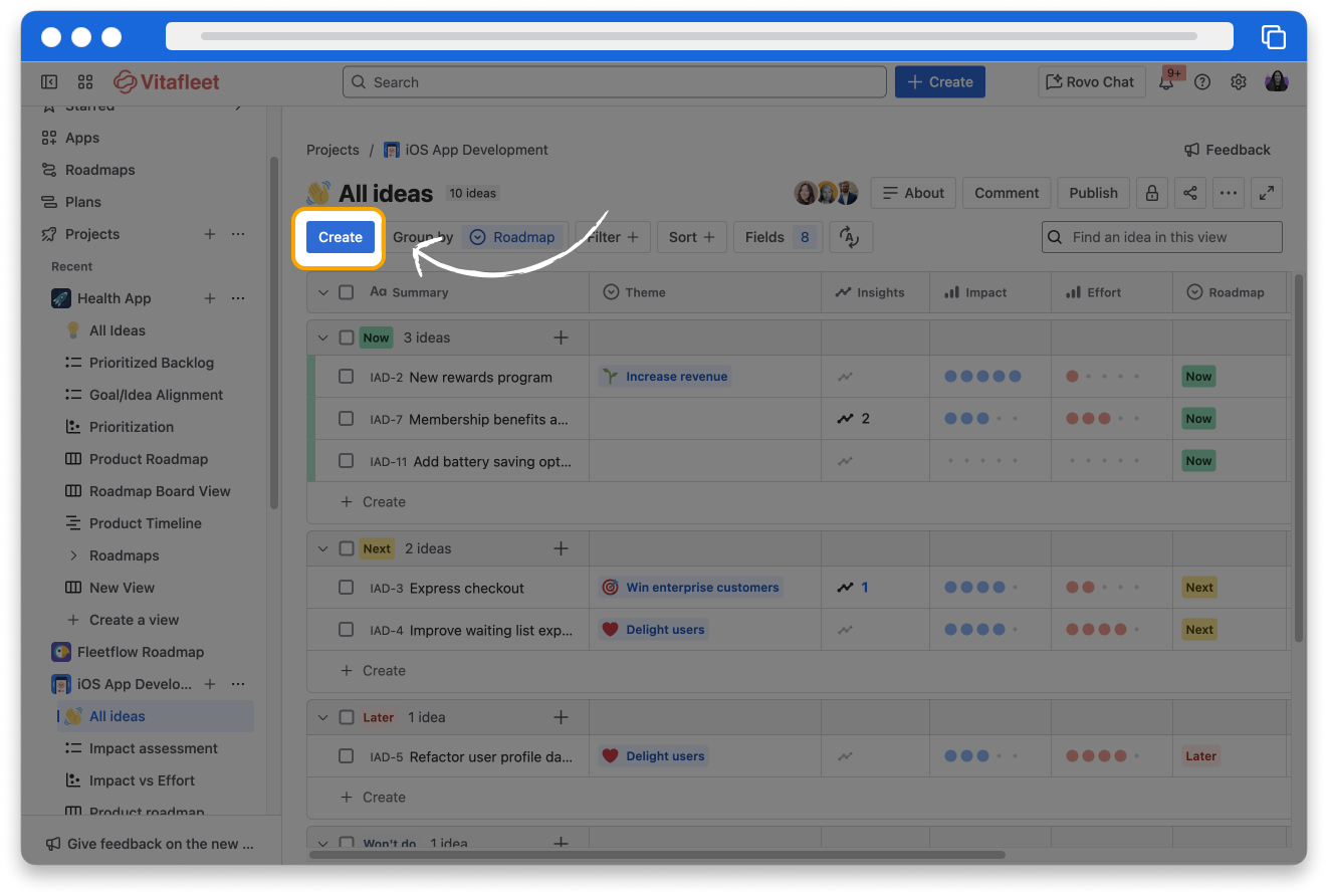 The all ideas view is displayed with the Create button under the view title highlighted with a gestural arrow pointing to it.