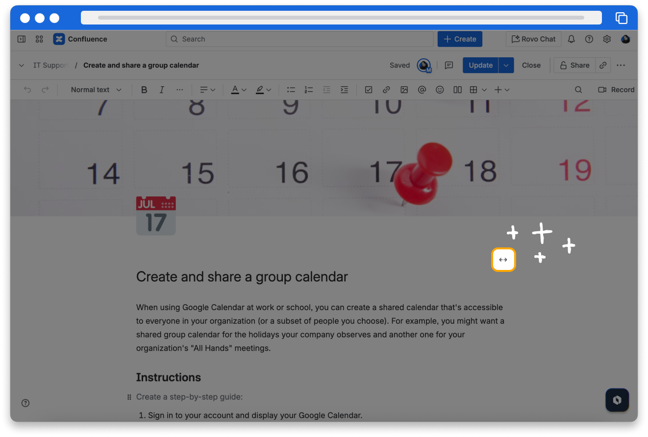A screenshot of Confluence with the page width arrow button highlighted on the right side of the page.