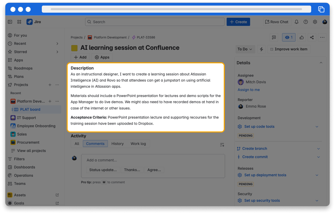 An epic in Jira created for an AI learning session at a conference. The description field is filled out with details on what the work is for, and the acceptance criteria field is filled out with information on deliverables needed.